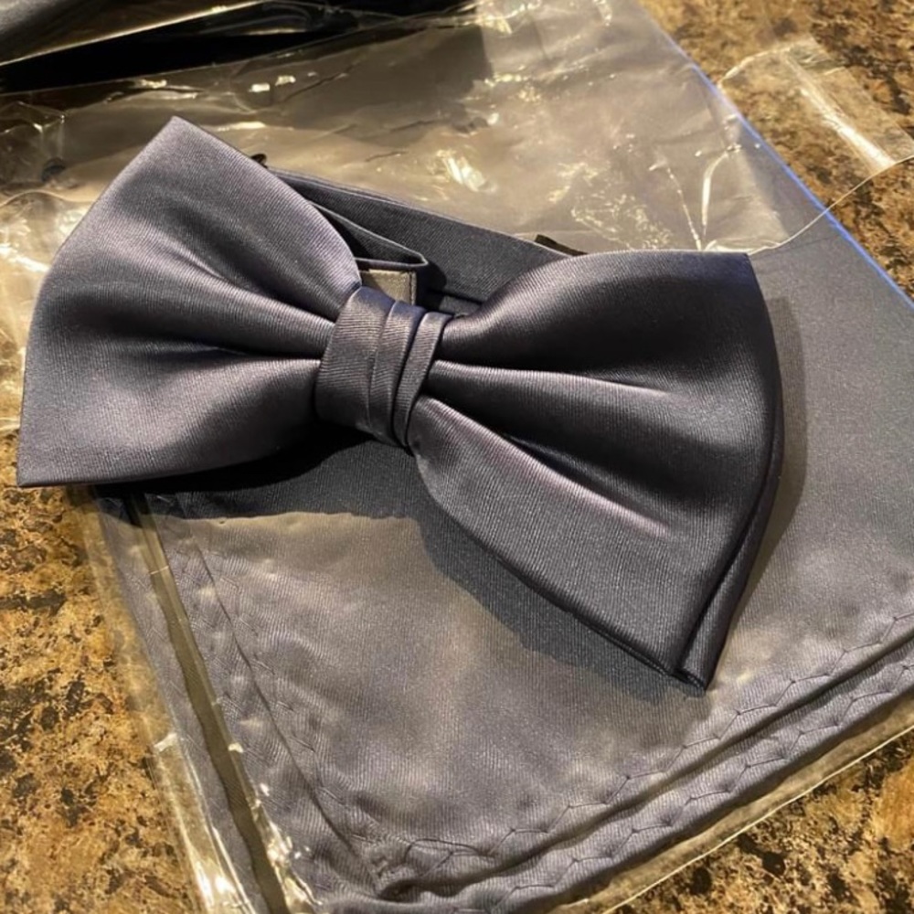 2 - Dusty Blue Premium Bow Tie + Pocket Square Set